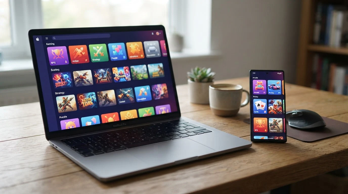 Smartphone und Laptop zeigen abstrakte unterschiedliche Spiellayouts auf einem Schreibtisch