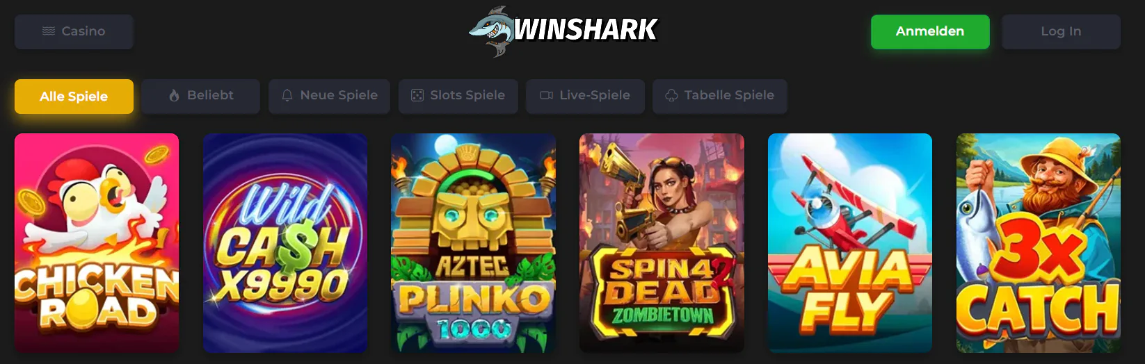 Screenshot der Winshark-Startseite im Desktop-Browser mit sichtbarer Navigation und Spieleübersicht