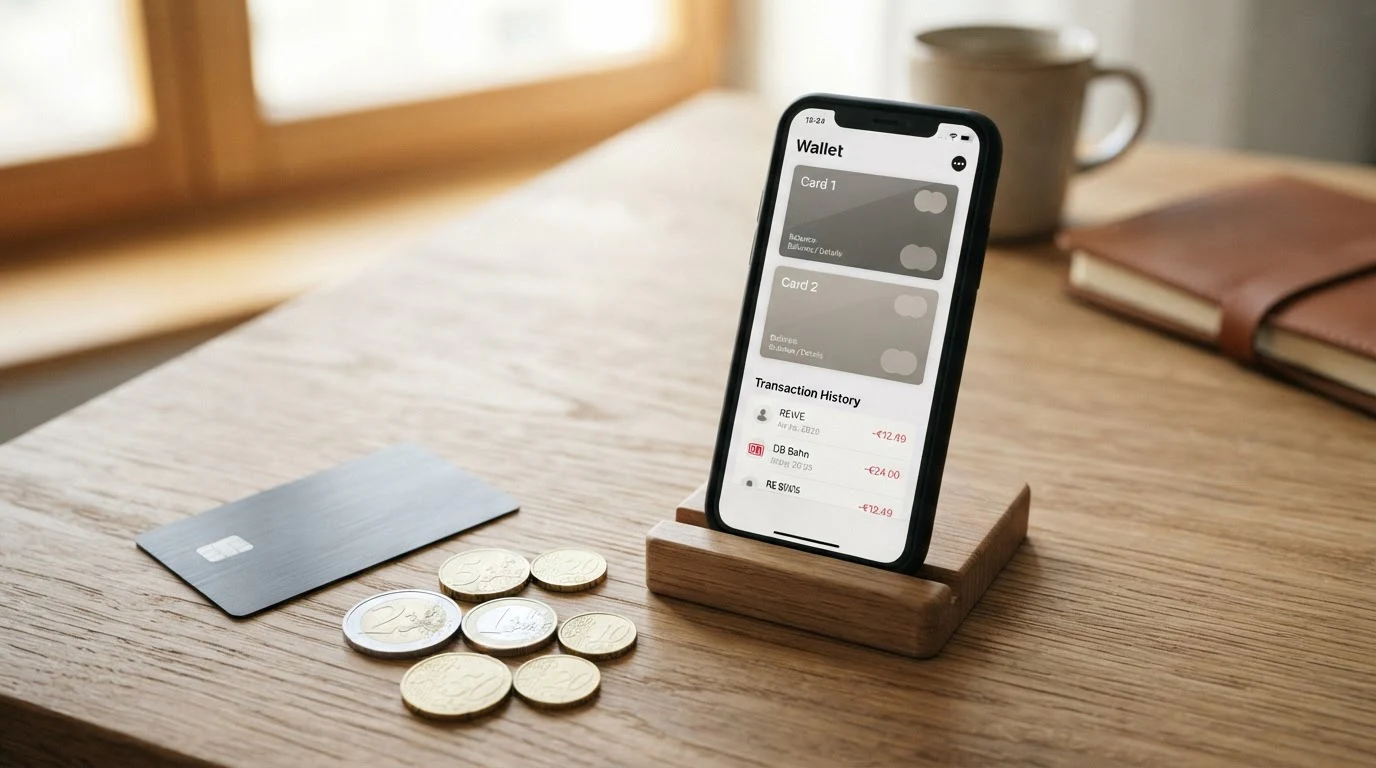 Bankkarte, Smartphone mit Wallet-Symbolen und Münzen auf einem neutralen Tisch