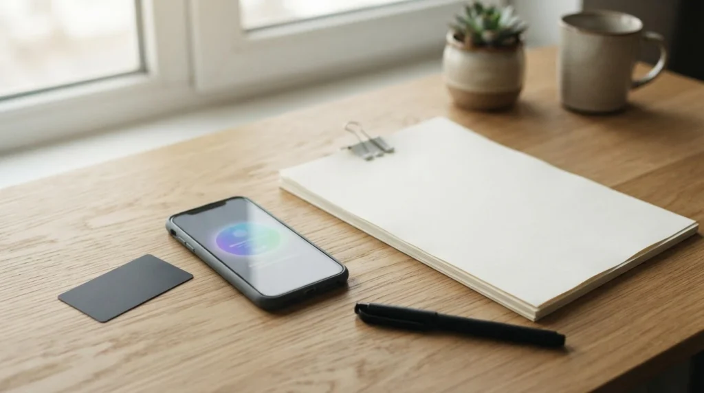 Bankkarte und digitales Wallet neben einer neutralen Unterlagenmappe