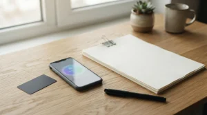 Bankkarte und digitales Wallet neben einer neutralen Unterlagenmappe