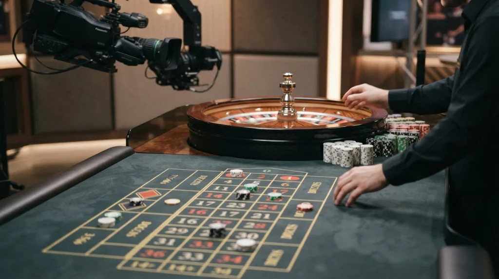 Roulettetisch in einem Studio mit Kamera und Dealerhänden