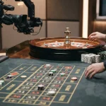 Roulettetisch in einem Studio mit Kamera und Dealerhänden