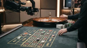 Roulettetisch in einem Studio mit Kamera und Dealerhänden
