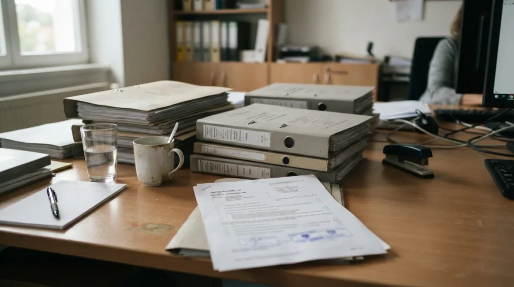 Neutrale Aktenordner und Unterlagen auf einem österreichischen Schreibtisch