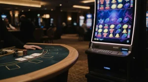 Spielautomatenbildschirm und Casinotisch in einer ruhigen Studioansicht