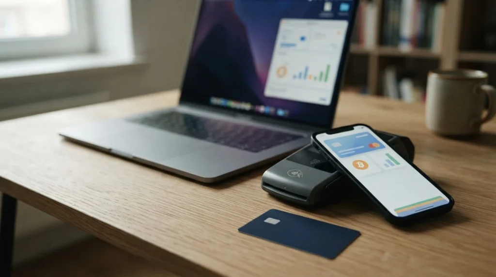 Bankkarte und Smartphone mit stilisiertem Wallet neben einem Laptop